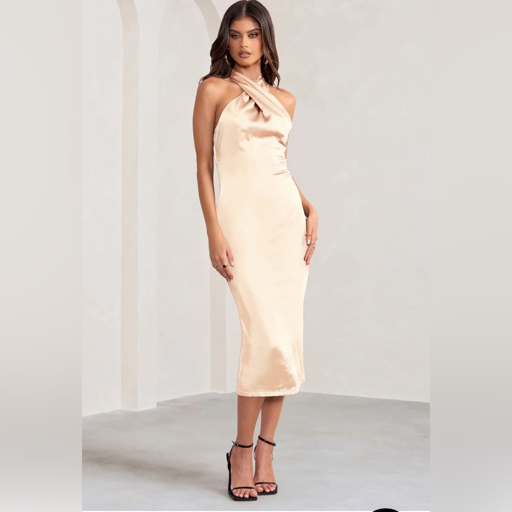 $20 Club London Cream Satin Halter Midi Dress